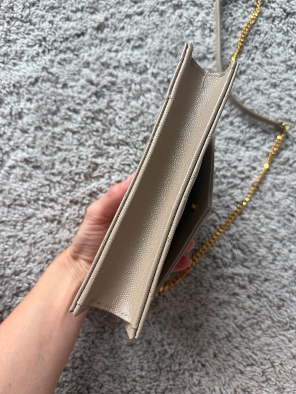 Saint Laurent Beige Quilted Leather Crossbody with Gold YSL Chain - Picture 9 of 12